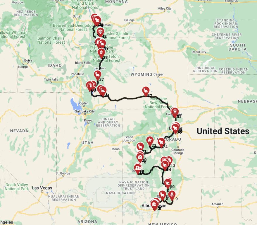 Map for Albuquerque to Bozeman